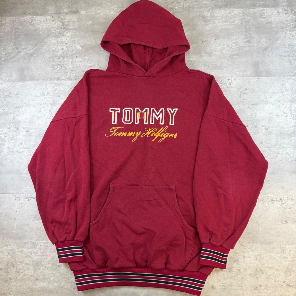Vintage Tommy Hilfiger Hoodie Burgundy Embroidered Logo Striped Cuffs Mens L